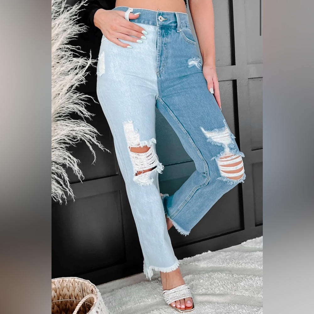 NanaMacs Stassie High Rise Distressed Two Tone Jeans